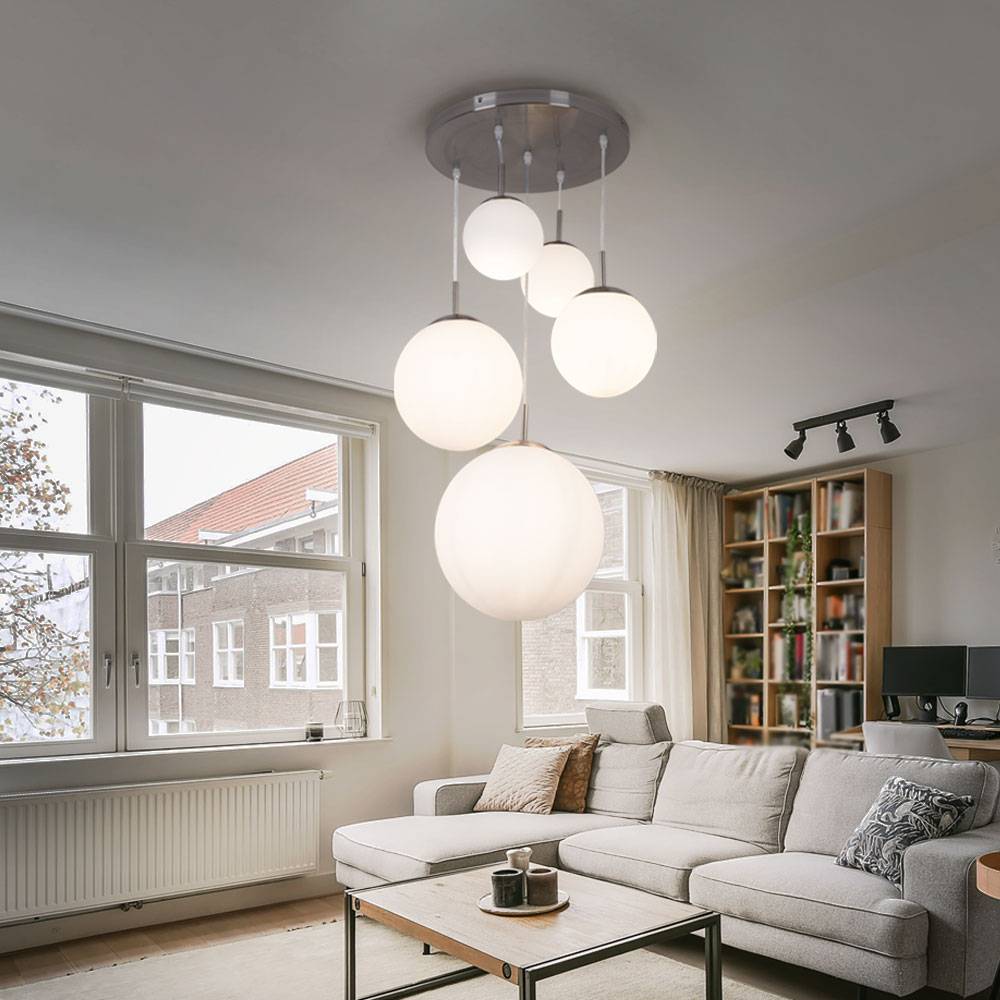Hängeleuchte Glaskugeln Esstischleuchte hängend Modern Kugelleuchte Hängelampe Glas, 5 Flammig, Metall nickel-matt, 5x E27, BxH 50x90 cm