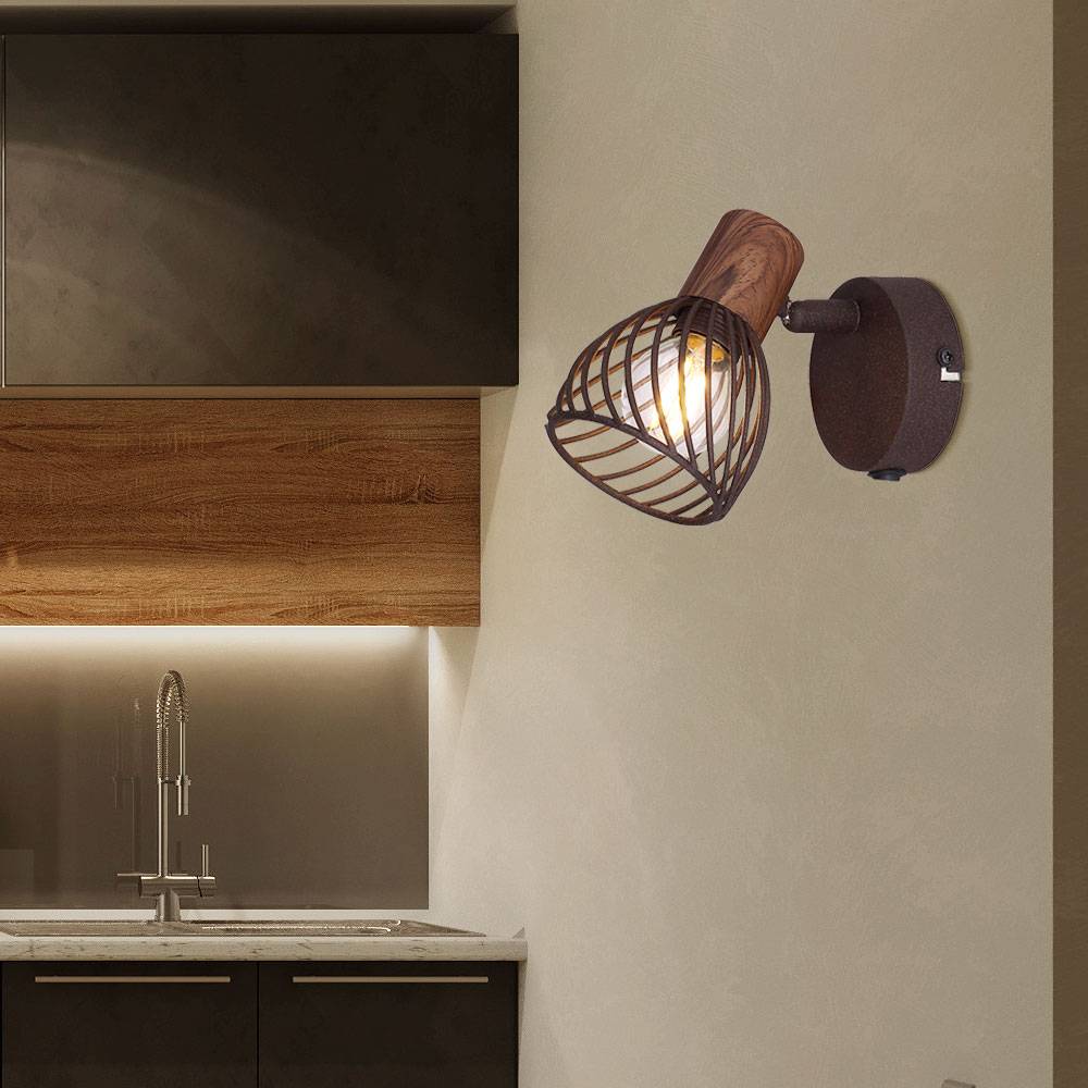 Wandleuchte Wandlampe Schlafzimmerleuchte, Landhausstil, Holzoptik, Strahler beweglich, Gitterschirm, Metall, rost braun, 1x E14, LxBxH 13x8x12 cm