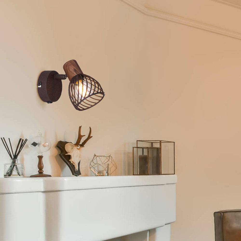 Wandleuchte Wandlampe Schlafzimmerleuchte, Landhausstil, Holzoptik, Strahler beweglich, Gitterschirm, Metall, rost braun, 1x E14, LxBxH 13x8x12 cm
