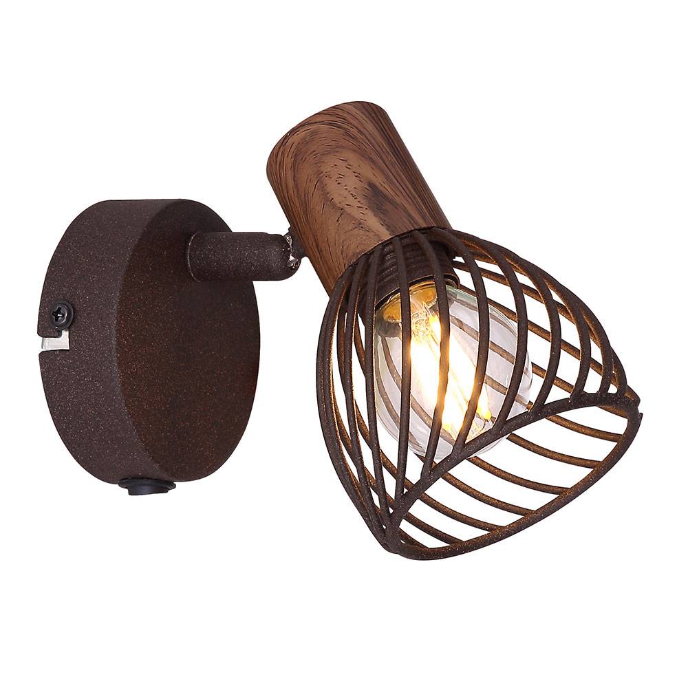 Wandleuchte Wandlampe Schlafzimmerleuchte, Landhausstil, Holzoptik, Strahler beweglich, Gitterschirm, Metall, rost braun, 1x E14, LxBxH 13x8x12 cm