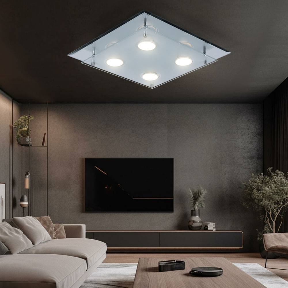 Deckenleuchte Deckenlampe Wohnzimmerleuchte Schlafzimmer, 4 flammig, Chrom Glas klar, 4x LED 3W 180Lm 3000K, HxLxB 8x34x34 cm, 2er Set