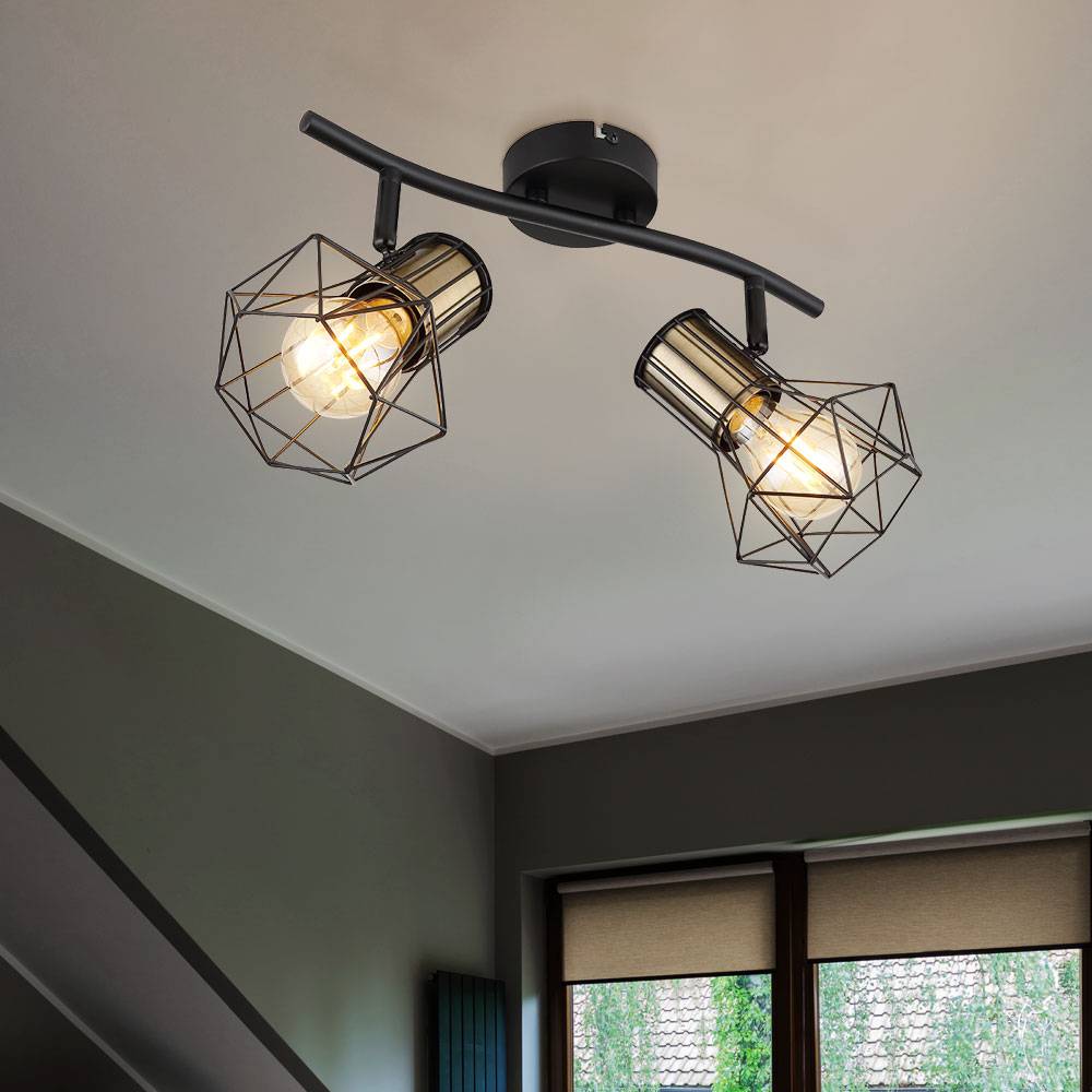 Deckenstrahler 2 Flammig schwarz Deckenleuchte schwarz Metall Retro Deckenlampe 2 Strahler, schwenkbar, messingfarben, 2x E27, LxBxH 34x13x19 cm