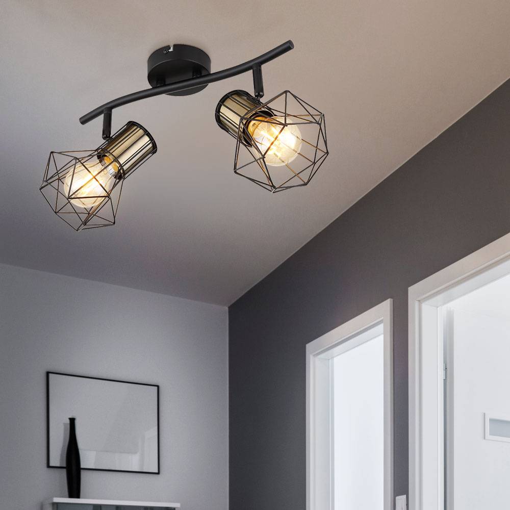 Deckenstrahler 2 Flammig schwarz Deckenleuchte schwarz Metall Retro Deckenlampe 2 Strahler, schwenkbar, messingfarben, 2x E27, LxBxH 34x13x19 cm