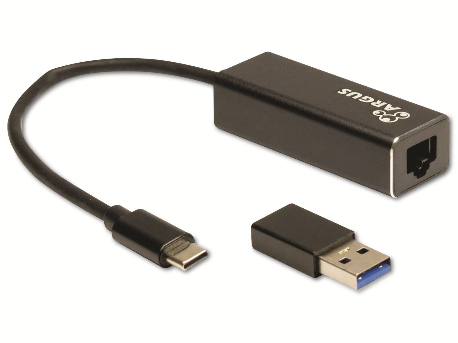 USB-C-zu-Ethernet-Adapterkabel mit einem kleinen USB-A-Dongle daneben auf weißem Hintergrund.
