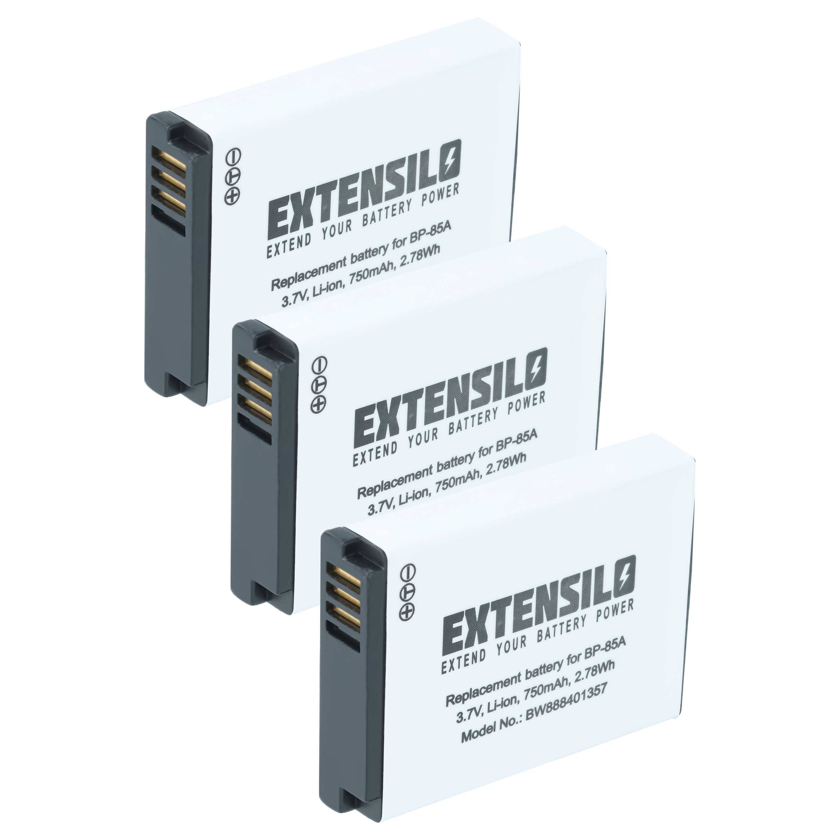 EXTENSILO 3x Akku Ersatz für Samsung BP-85a, BP85a, EA-BP85a, IA-BP85a für Kamera (750 mAh, 3,7 V, Li-Ion)
