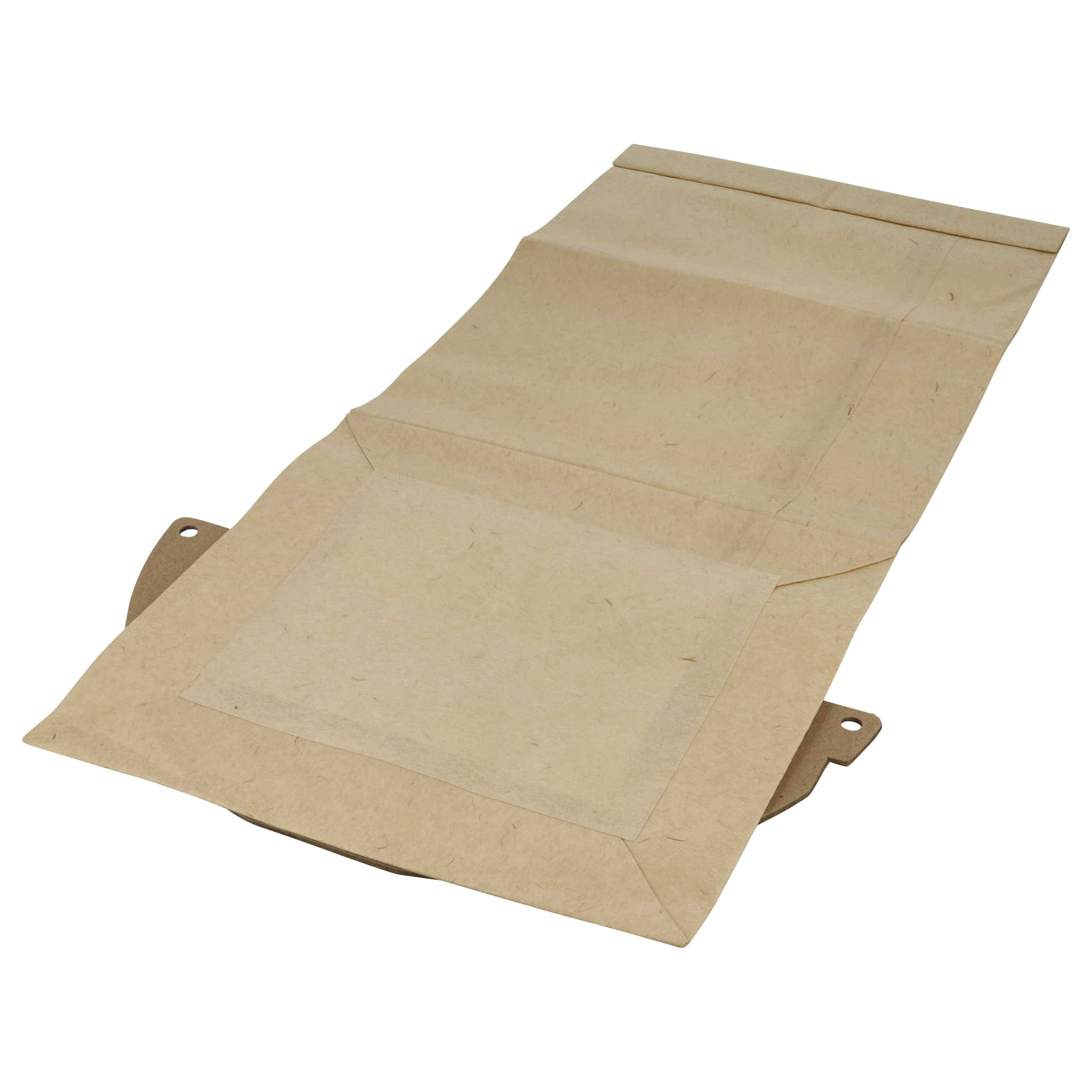 Eine flache, ausgeklappte braune Papiertüte, die ihre rechteckige Form mit Falzlinien zum Zusammenfalten zeigt.