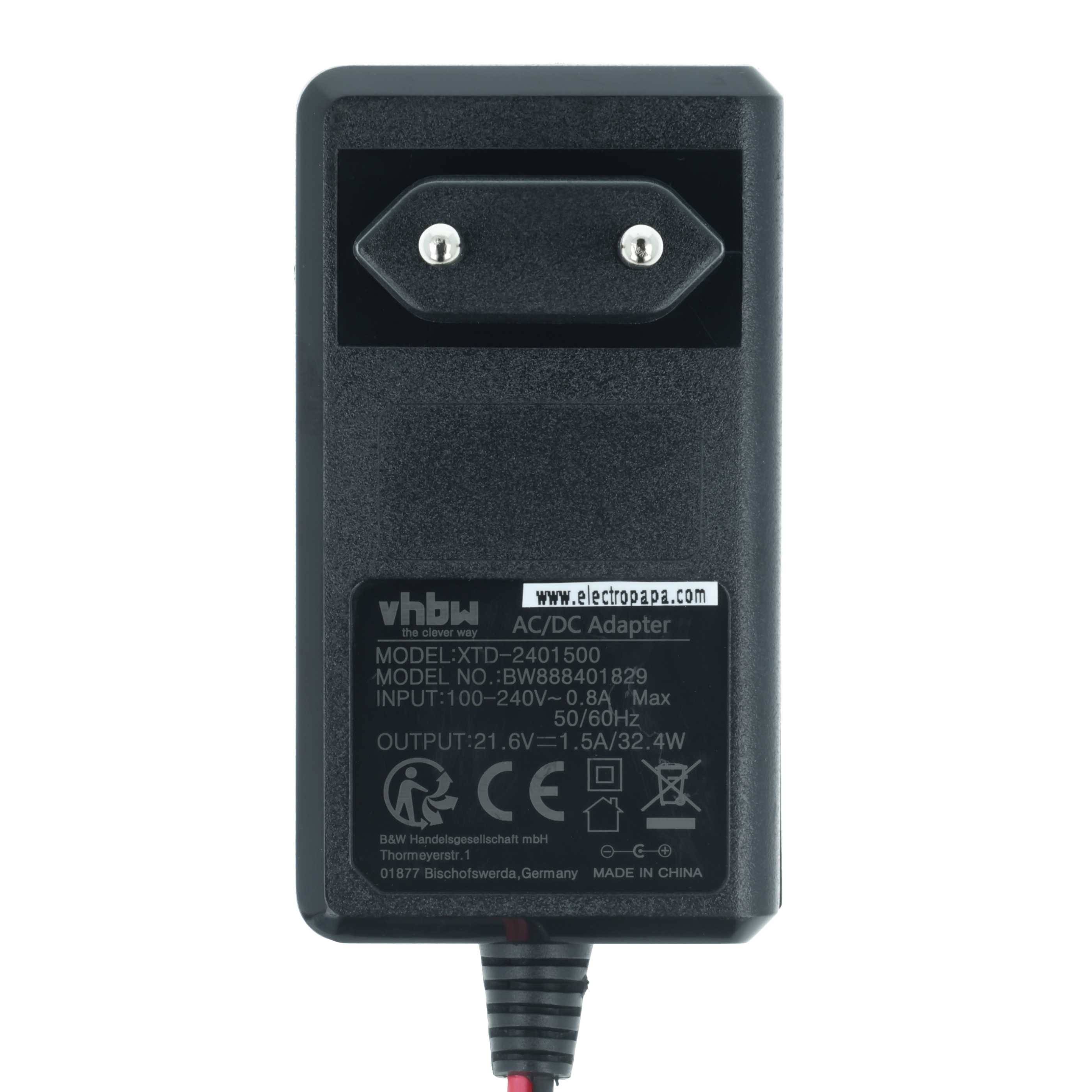 Ein schwarzer AC/DC-Adapter mit einem Stecker oben, beschriftet mit 'vhbw'. Eingangsspannung: 100-240V, 0,8A max. Ausgangsspannung: 21,6V, 1,5A, 32,4W. Hergestellt in China.