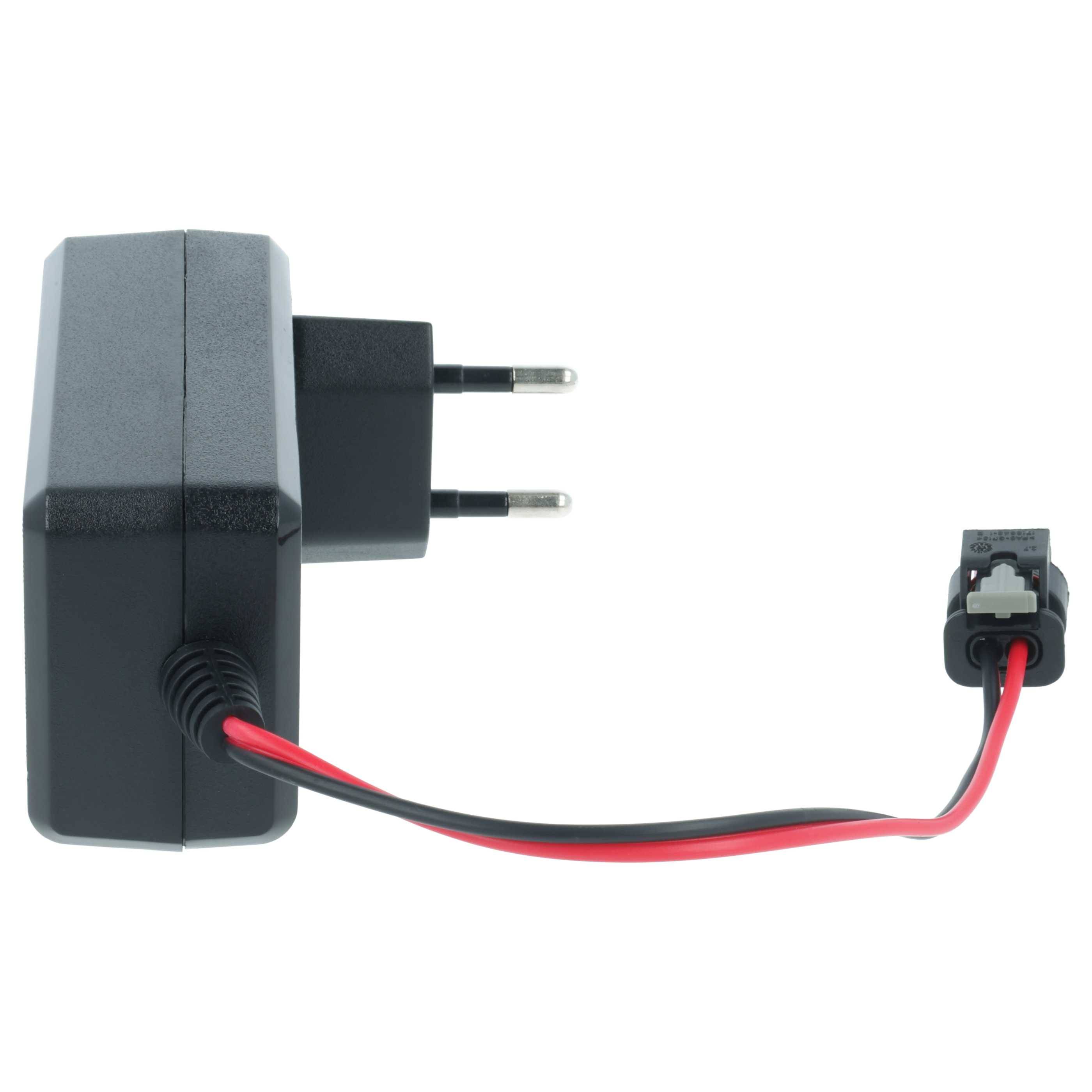 Ein schwarzes elektrisches Wandladegerät mit einem zweiphasigen europäischen Stecker, verbunden durch ein rot-schwarzes Kabel mit einem modularen Anschluss auf der rechten Seite.
