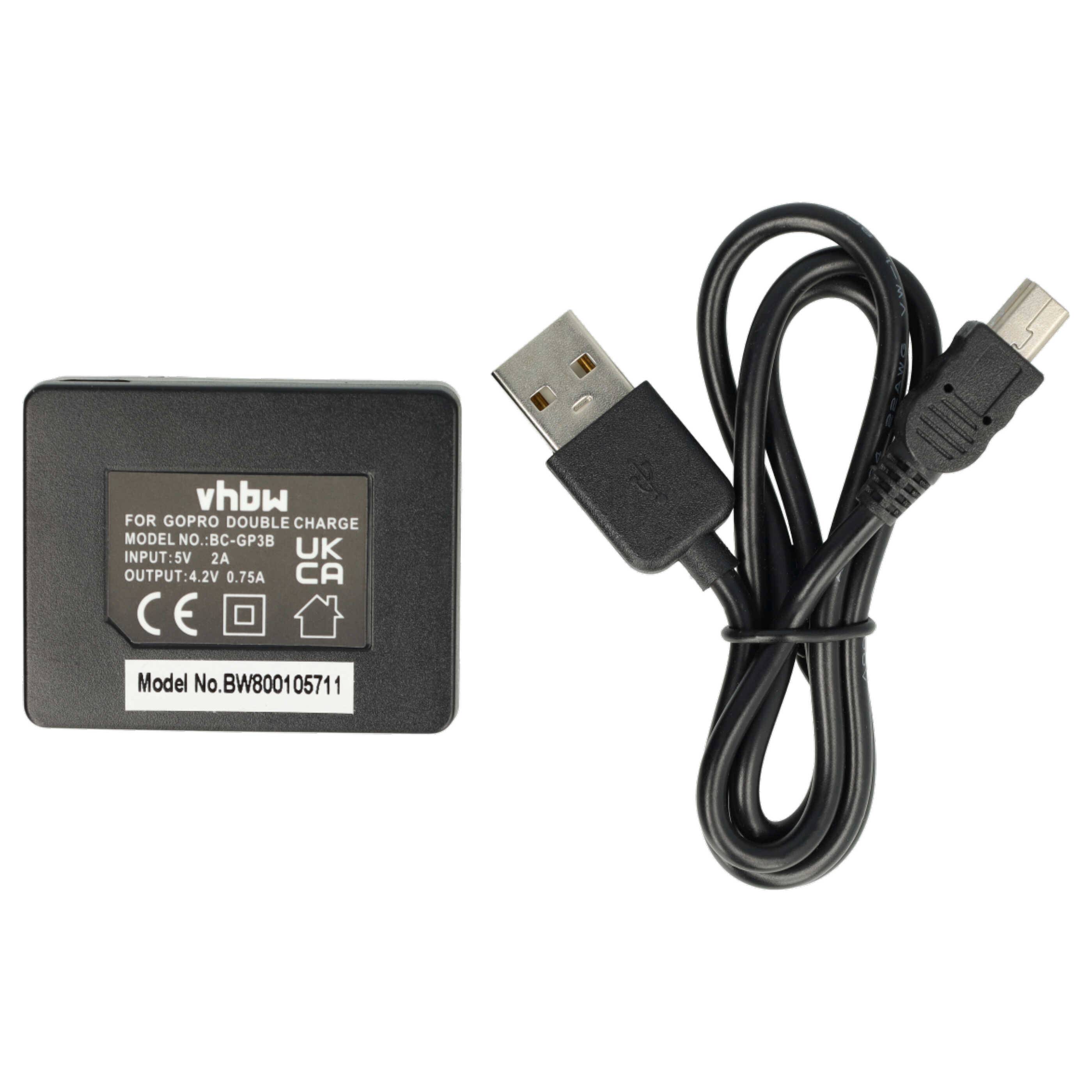 Schwarzes GoPro-Doppelladestation mit USB-Kabel und Micro-USB-Anschluss, Vorderansicht auf weißem Hintergrund.
