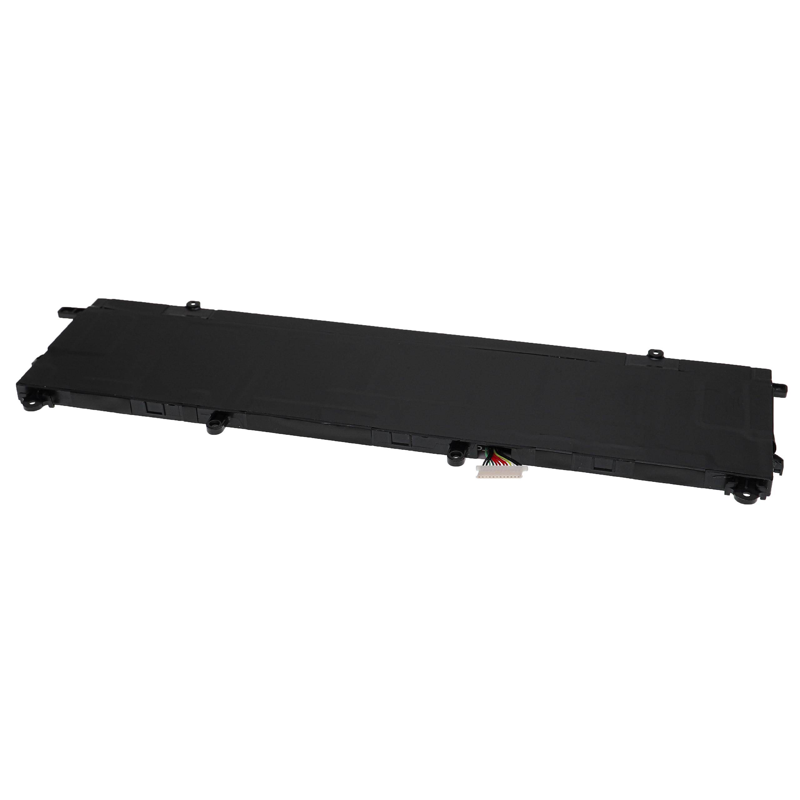 Ein schwarzer Laptop-Akku mit schlanker rechteckiger Form, mit einem kleinen Anschluss mit mehrfarbigen Drähten an einem Ende.