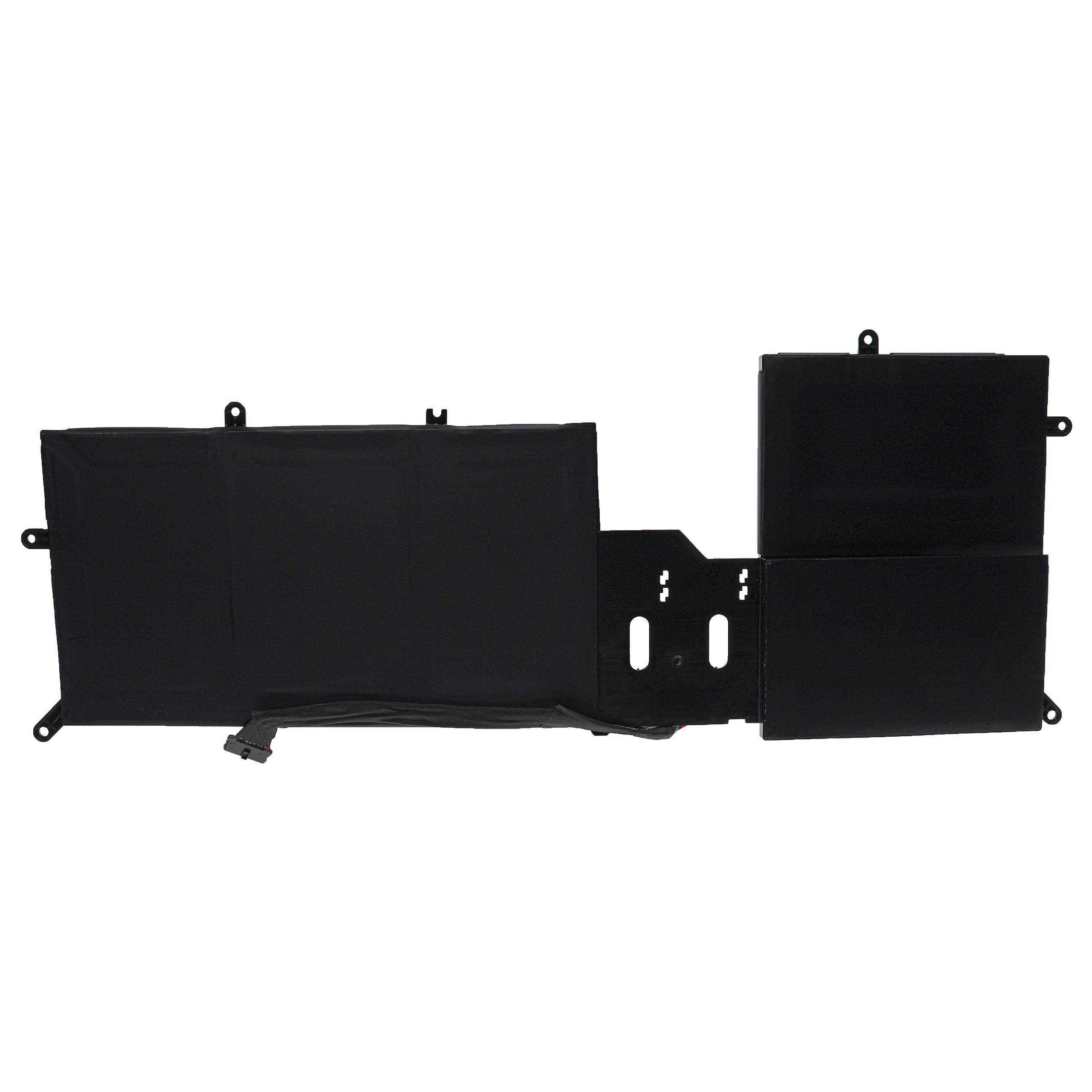 Eine schwarze Laptop-Batterie mit mehreren Zellen wird angezeigt und zeigt Anschlüsse und Schraubenlöcher zur Installation.