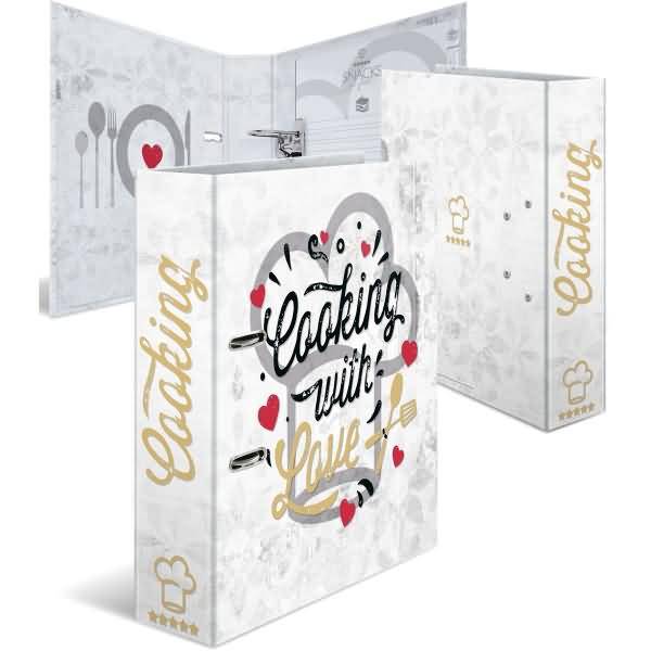 Satz weißer Ordner mit drei Ringen mit der Aufschrift „Cooking with Love