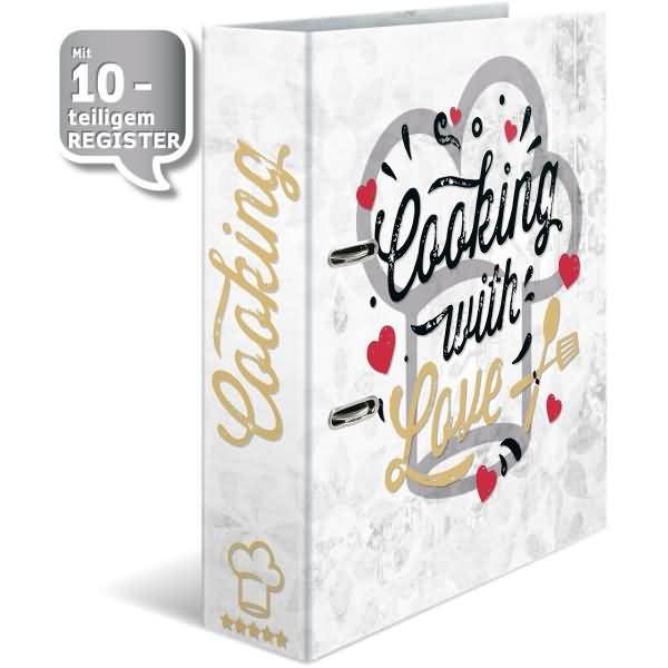 Produktbild eines weißen Rezeptordners mit der Beschriftung 'Cooking with Love' und 'Cookbook', mit einer Sprechblase, die 'Mit 10-teiligem Register' liest und einen 10er-Tab-Index anzeigt.