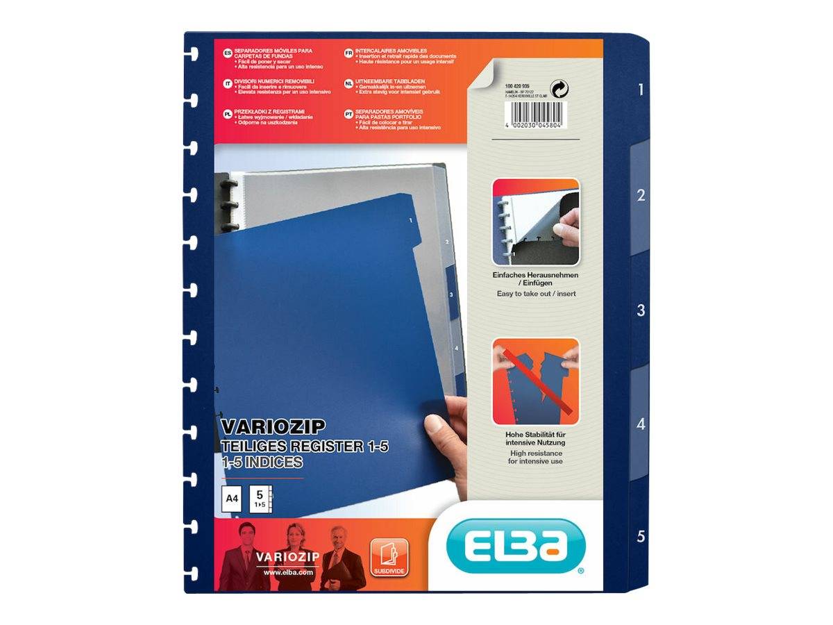 Blauer VARIOZIP Registersatz mit Registerblättern und 1-5 Indizes, gezeigt in der Produktverpackung von ELBA.