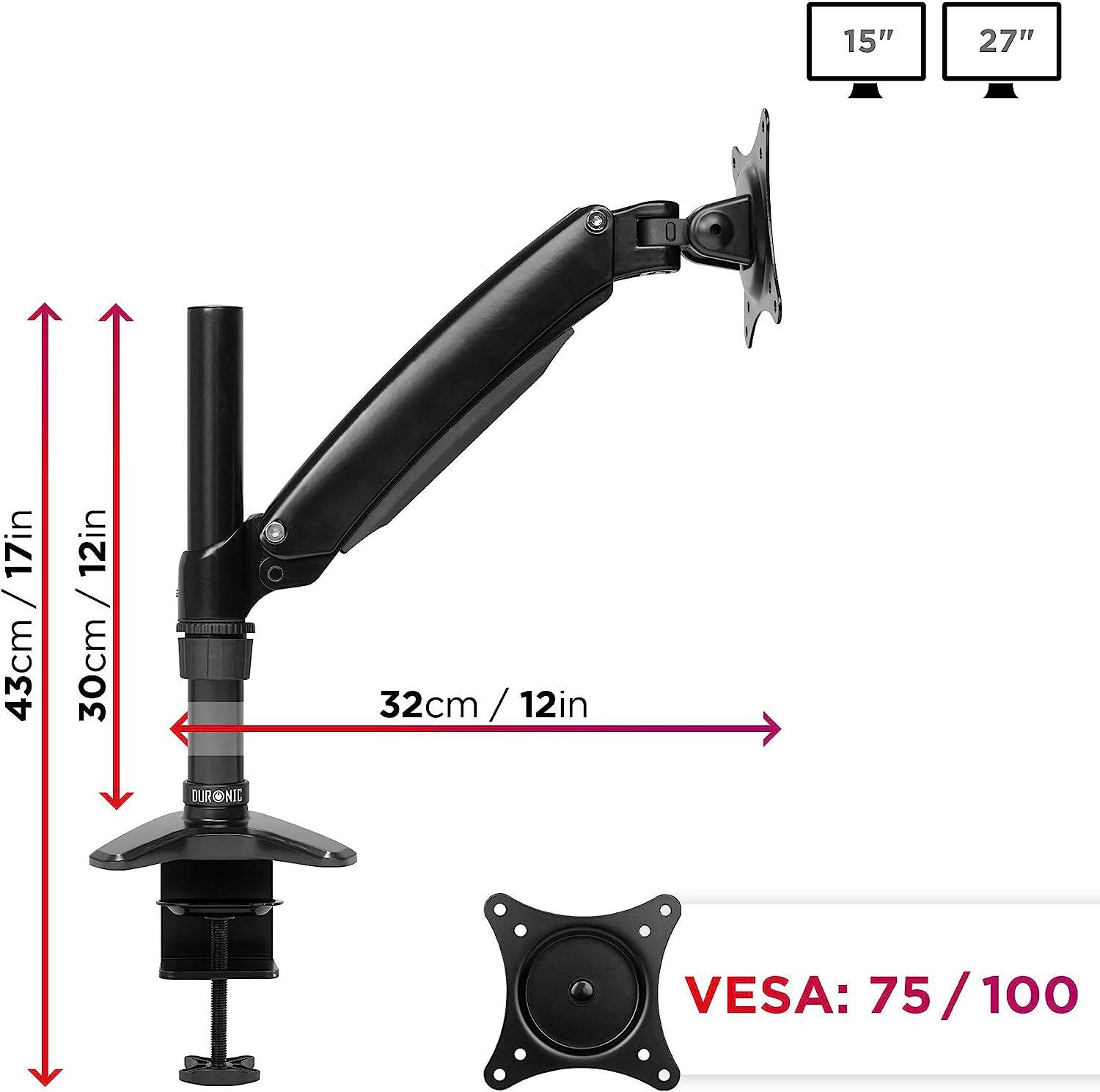 Duronic DM551X1 Monitorhalterung für 27" - 7,8kg Kapazität - Verstellbar in Höhe, Neigung und Drehung - VESA 75/100