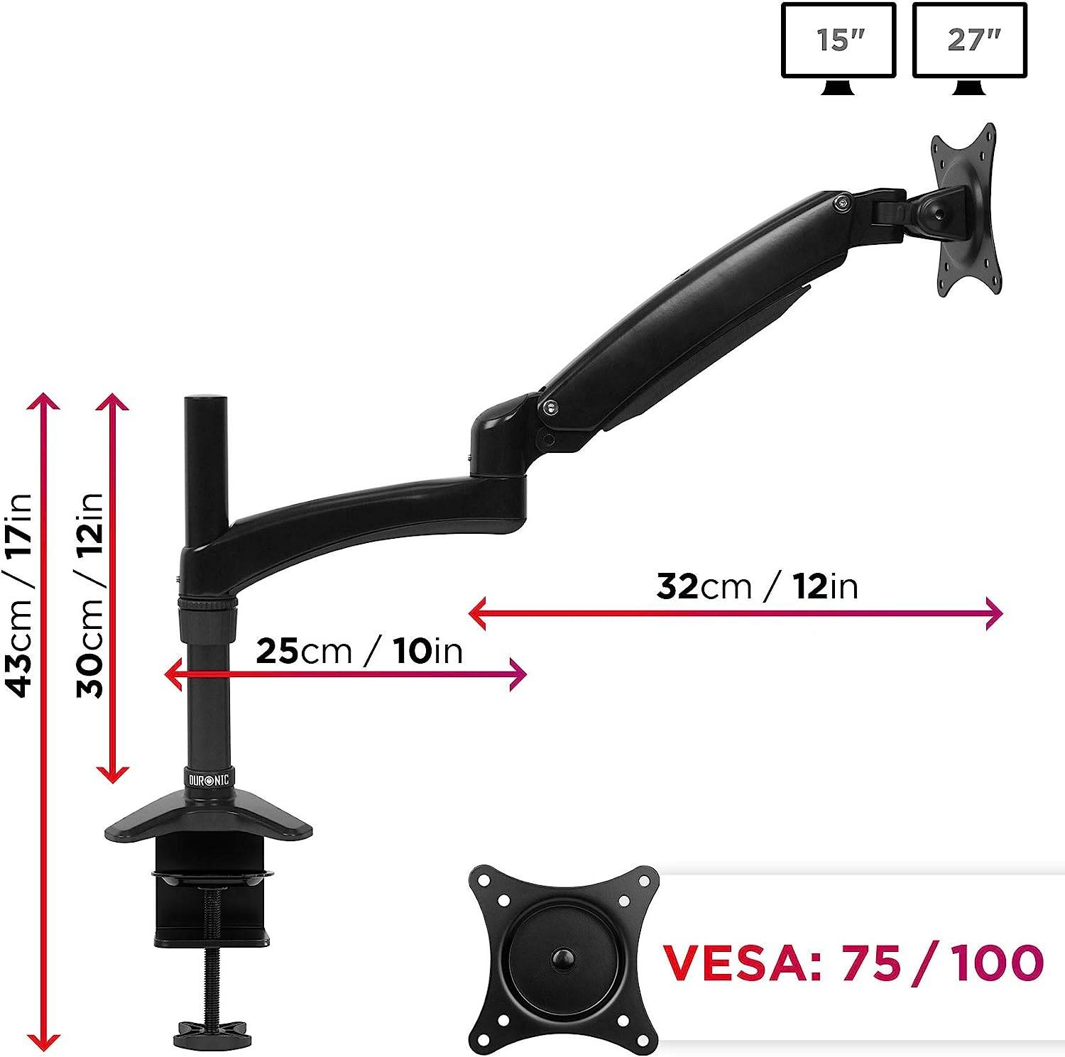 Duronic DM551X2 Monitorhalterung für 27" - 7,8kg Kapazität - Verstellbar in Höhe, Neigung und Drehung - VESA 75/100