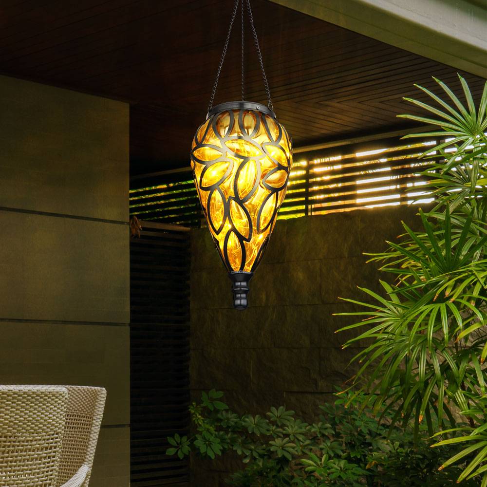 Solarlampen für Außen hängend Gartendeko für draußen Hängeleuchte Balkon antik, Akku IP44 Wetterfest, Metall schwarz amber, 1x LED 3200K, DxH 13