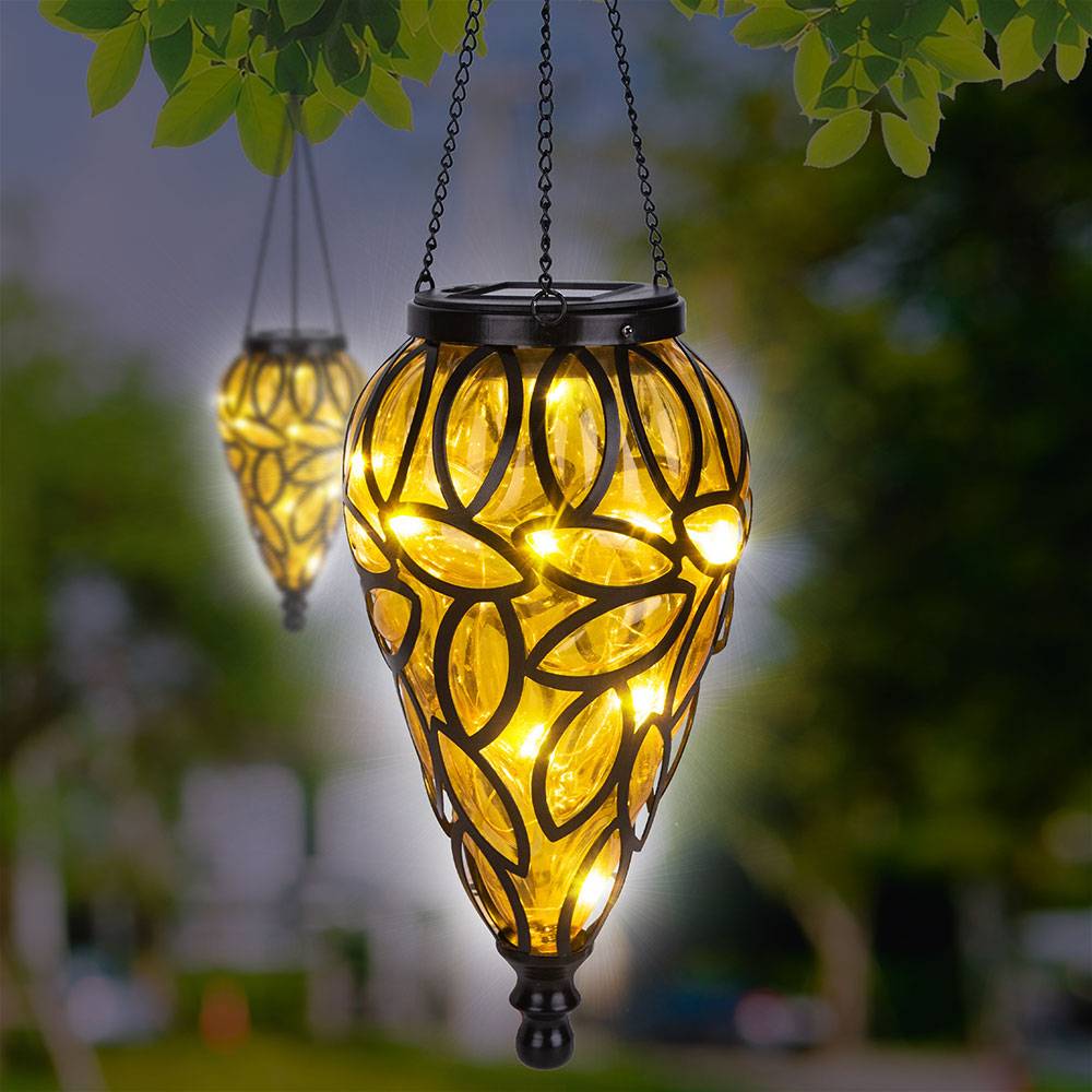 Solarlampen für Außen hängend Gartendeko für draußen Hängeleuchte Balkon antik, Akku IP44 Wetterfest, Metall schwarz amber, 1x LED 3200K, DxH 13