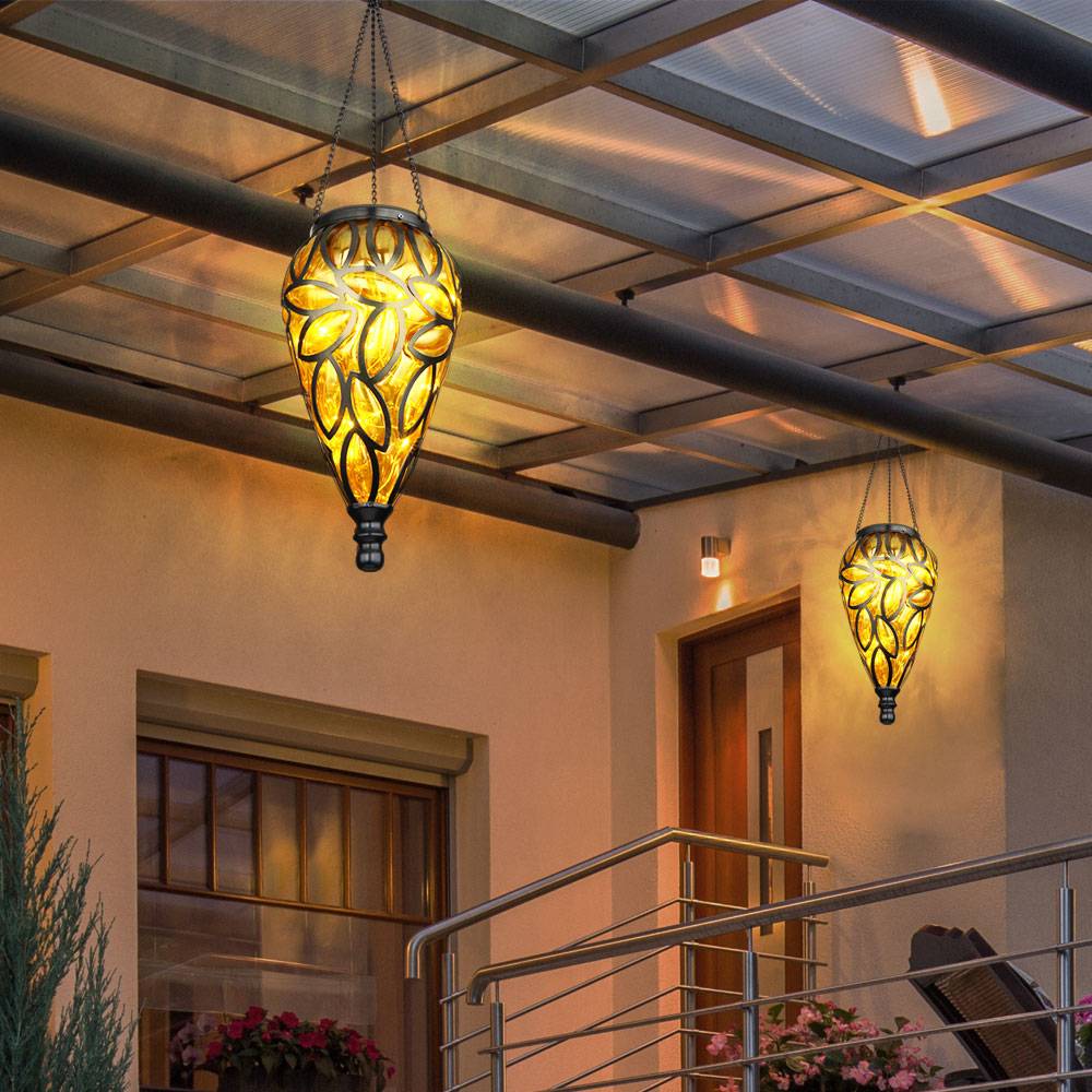 Solarlampen für Außen hängend Gartendeko für draußen Hängeleuchte Balkon antik, Akku IP44 Wetterfest, Metall schwarz amber, 15x LED 3200K, DxH 1