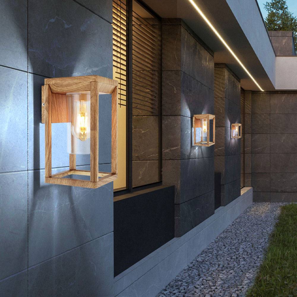 Außenbeleuchtung Balkon Wandleuchte Aussen E27 Terassenlampe Außen Wand, Holzoptik Aluminium Gestell, klar, 1x E27, LxBxH 16,5x15x27 cm