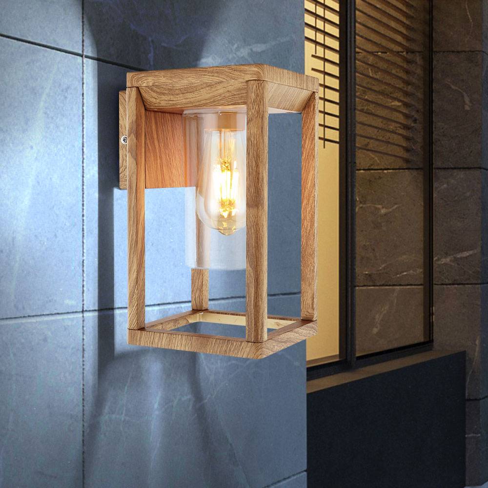 Außenbeleuchtung Balkon Wandleuchte Aussen E27 Terassenlampe Außen Wand, Holzoptik Aluminium Gestell, klar, 1x E27, LxBxH 16,5x15x27 cm