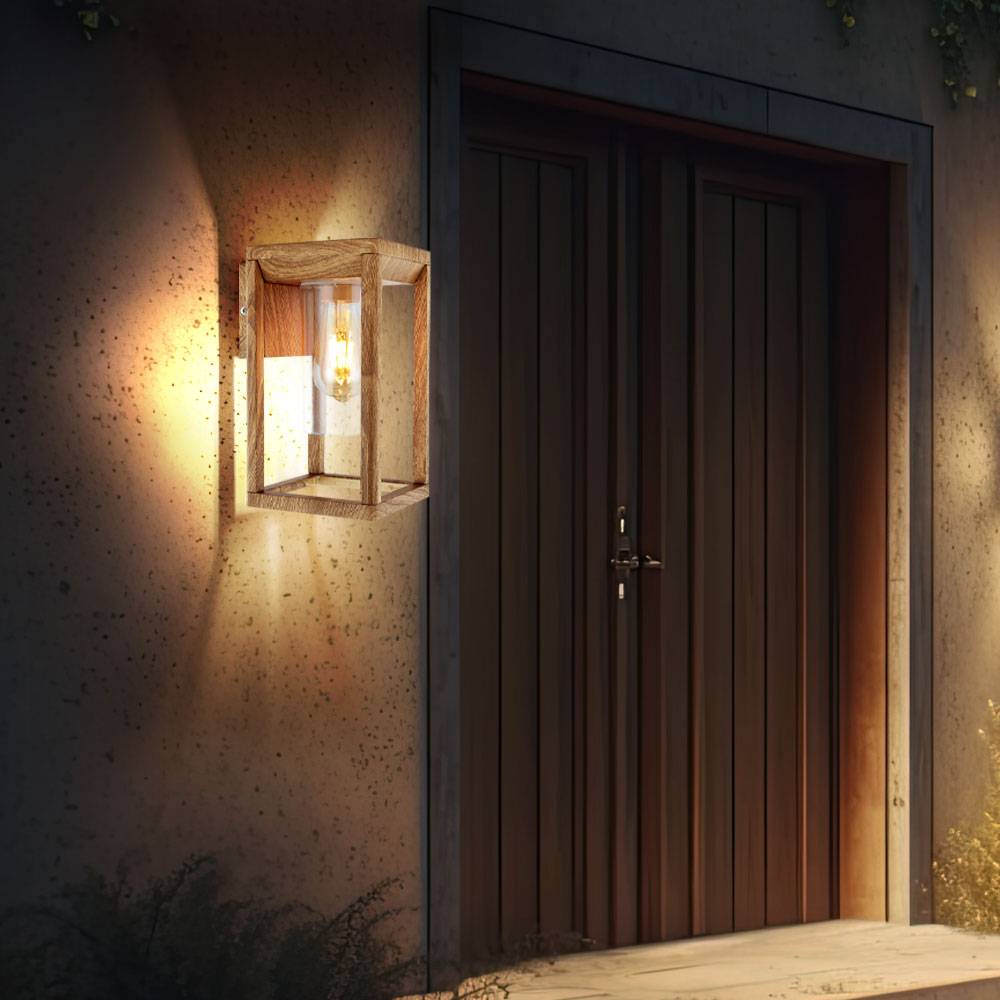 Wandlampe Außenwandlampe Hauswand Beleuchtung Haustürlampe Außen Wand, Holzoptik Aluminium Gestell, klar, 1x E27, LxBxH 16,5x15x27 cm