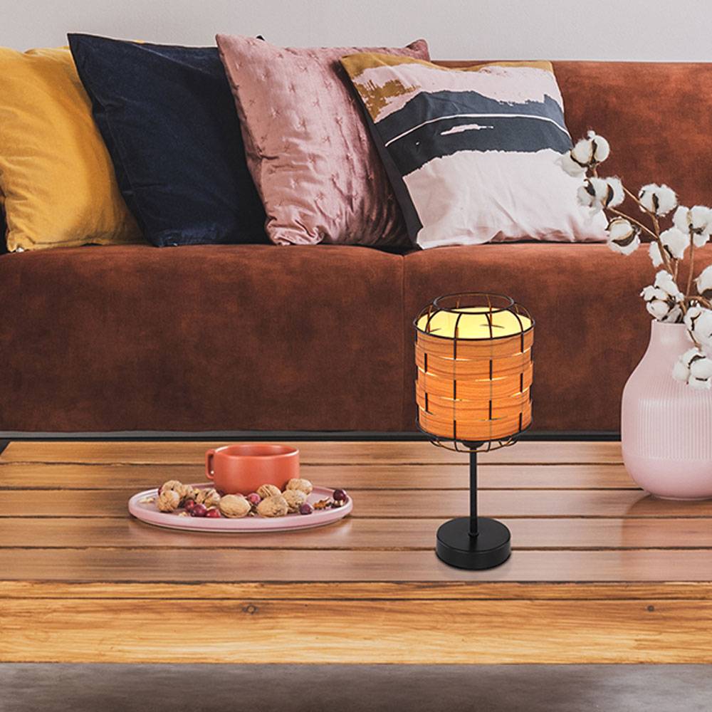 Tischleuchte Holzoptik Boho Nachttischlampe Tischlampe Schlafzimmer, Gitteroptik, Metall schwarz braun, 1x E27 Fassung, DxH 15x35 cm