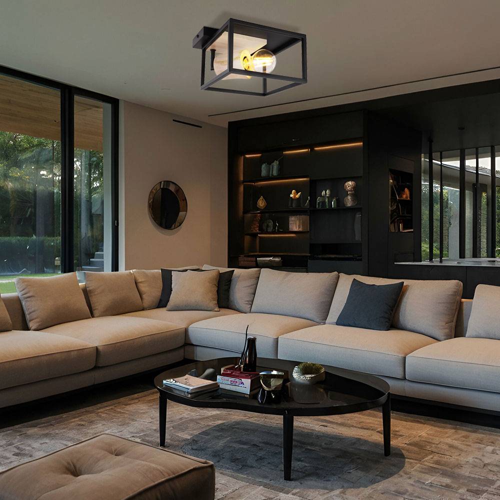 Deckenlampe Retro Holzleuchte Deckenleuchte schwarz Gestell Deckenstrahler verstellbar, Metall naturfarben 1x E27, HxLxB 14,5x22x22 cm