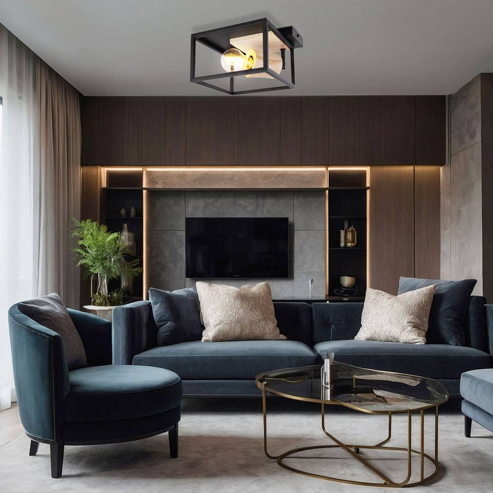 Deckenlampe Retro Holzleuchte Deckenleuchte schwarz Gestell Deckenstrahler verstellbar, Metall naturfarben 1x E27, HxLxB 14,5x22x22 cm