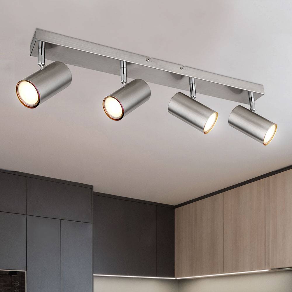 Deckenstrahler 4 Flammig silber Deckenleuchte 4 Flammig GU10 Deckenlampe Wohnzimmer Modern, schwenkbar, Metall, 4x GU10, LxBxH 56x6x12 cm