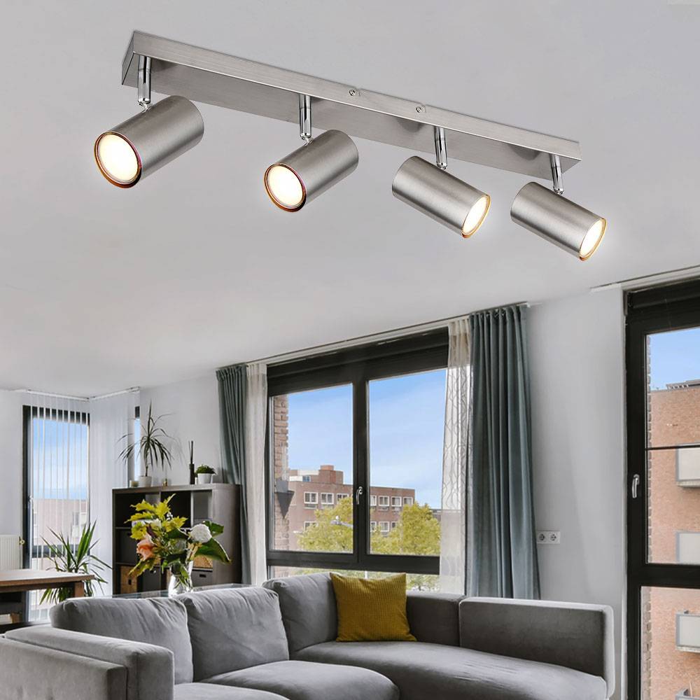 Deckenstrahler 4 Flammig silber Deckenleuchte 4 Flammig GU10 Deckenlampe Wohnzimmer Modern, schwenkbar, Metall, 4x GU10, LxBxH 56x6x12 cm