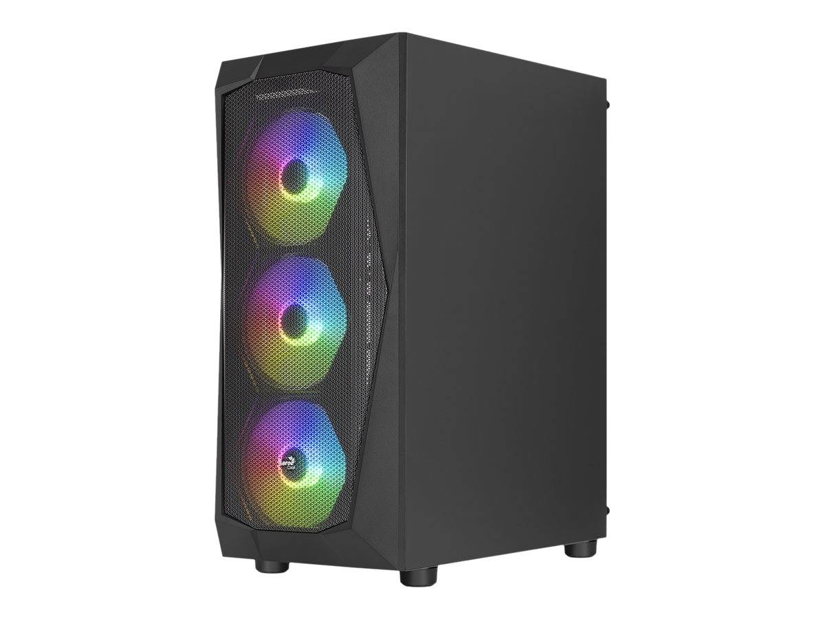 Schwarzes PC-Tower-Gehäuse mit drei RGB-beleuchteten Lüftern an der Vorderseite hinter einem Mesh-Panel.