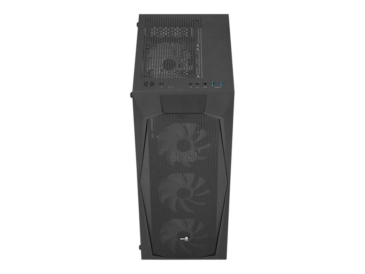 Hoher schwarzer Desktop-PC-Gehäuse mit Mesh-Frontblende und drei sichtbaren Kühlventilatoren.