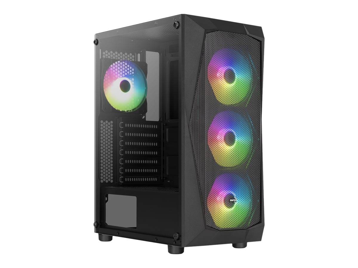 Schwarzes Desktop-PC-Gehäuse mit drei RGB-Frontlüftern und einem hinteren Lüfter, der durch ein gehärtetes Glasseitenpanel sichtbar ist.