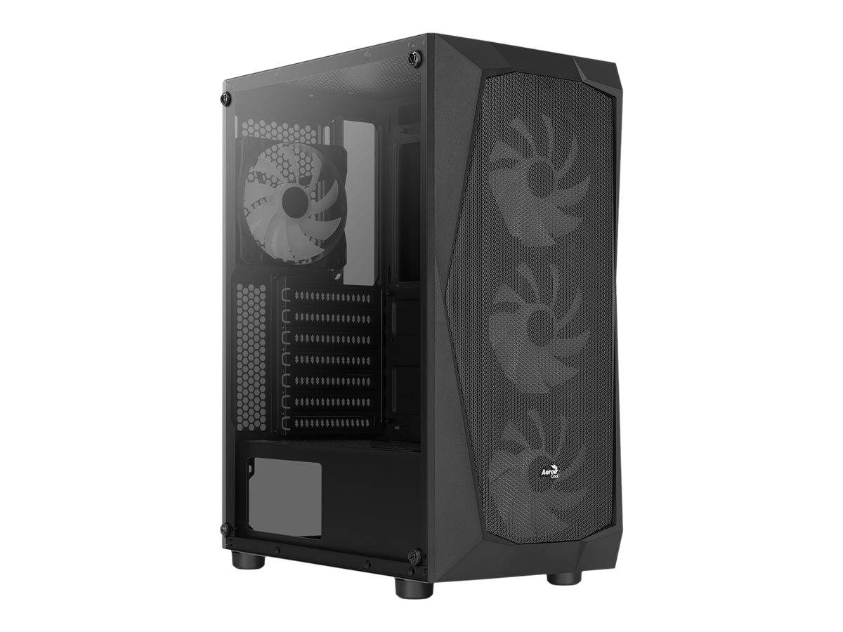 Schwarzes Mid-Tower-PC-Gehäuse mit Mesh-Frontplatte und mehreren sichtbaren Kühlungsventilatoren im Inneren.