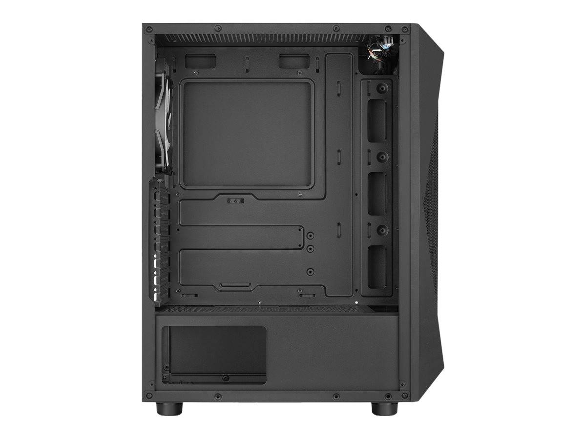 Seitenansicht eines leeren schwarzen Computer-Gehäuseturms mit offenem Inneren, das die Laufwerkschächte, den Kabelführungsbereich und das Stromversorgungsmodul zeigt.