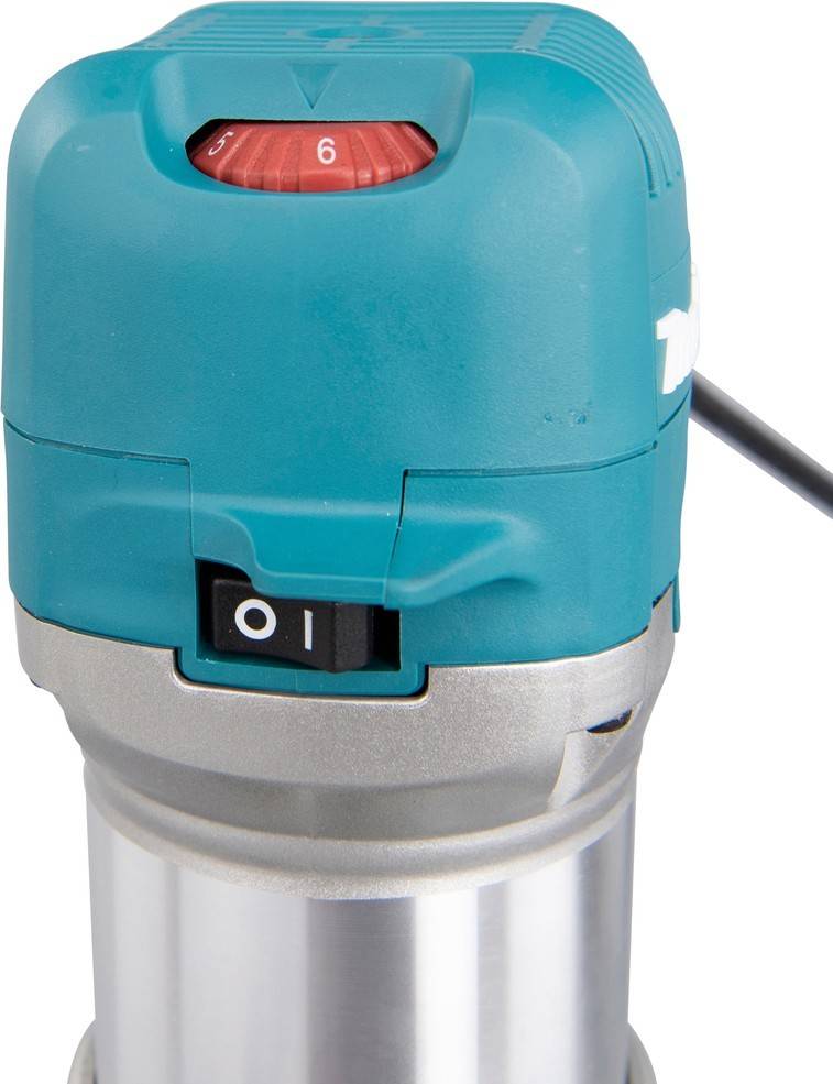 Ein blau-silberner Elektrowerkzeug mit einem sichtbaren schwarzen Ein-/Ausschalter und einem roten nummerierten Drehregler auf der Oberseite, der verschiedene Geschwindigkeitseinstellungen anzeigt.