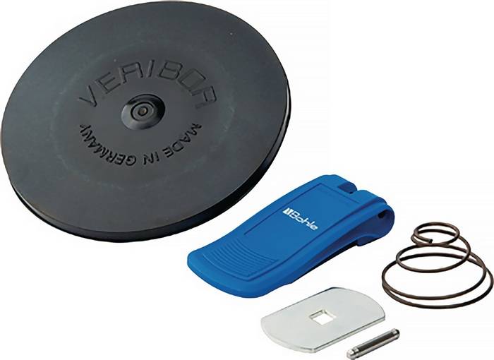 Ein blaues Veribor-Werkzeugset wird gezeigt, das einen Saugheber, eine Kreisscheibe und kleine Zubehörteile umfasst, die zum Heben und Handhaben glatter Oberflächen entwickelt wurden.