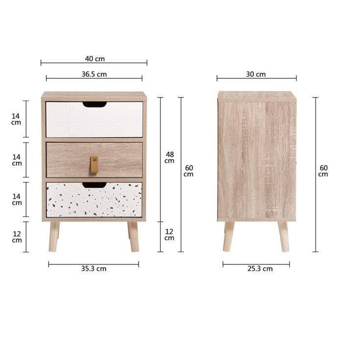 Aufbewahrungsschrank mit 3 Schubladen - Spanplatte mit Basis aus massivem Gummibaumholz - OSLO