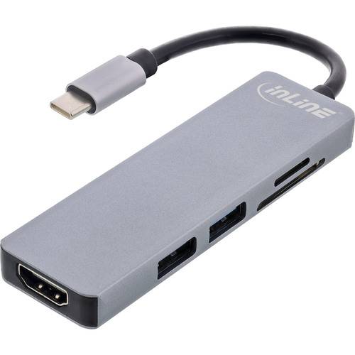 Ein USB-C-Multiport-Adapter mit HDMI, zwei USB-Anschlüssen und einem Kartenlese-Slot, entwickelt zur Erweiterung der Konnektivitätsoptionen.