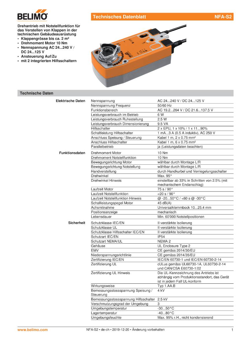 Belimo - Klappenstellantrieb NFA-S2 Federrücklaufantrieb