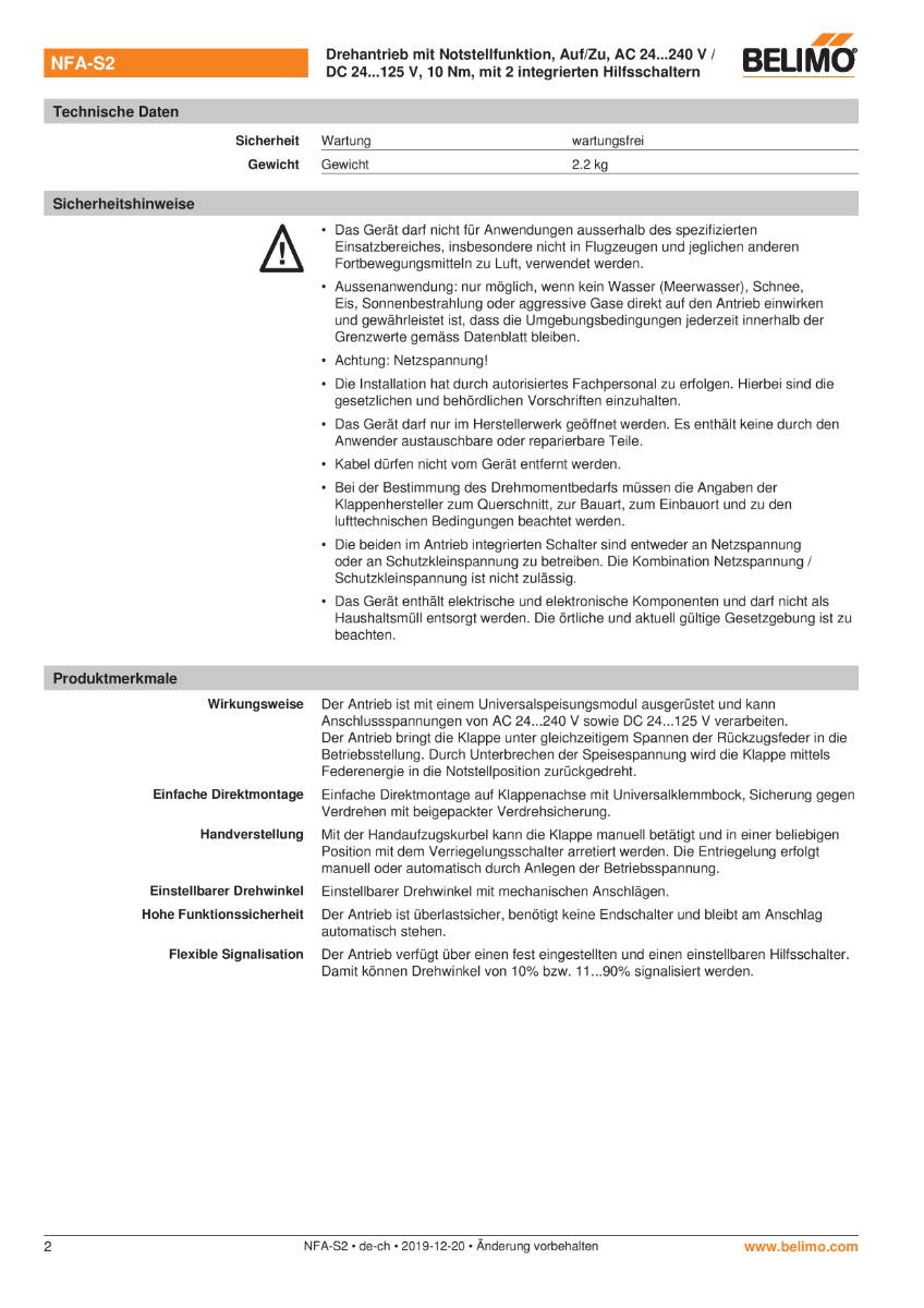 Belimo - Klappenstellantrieb NFA-S2 Federrücklaufantrieb