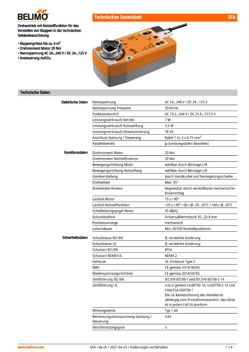 Belimo - Klappenstellantrieb SFA Federrücklaufantrieb