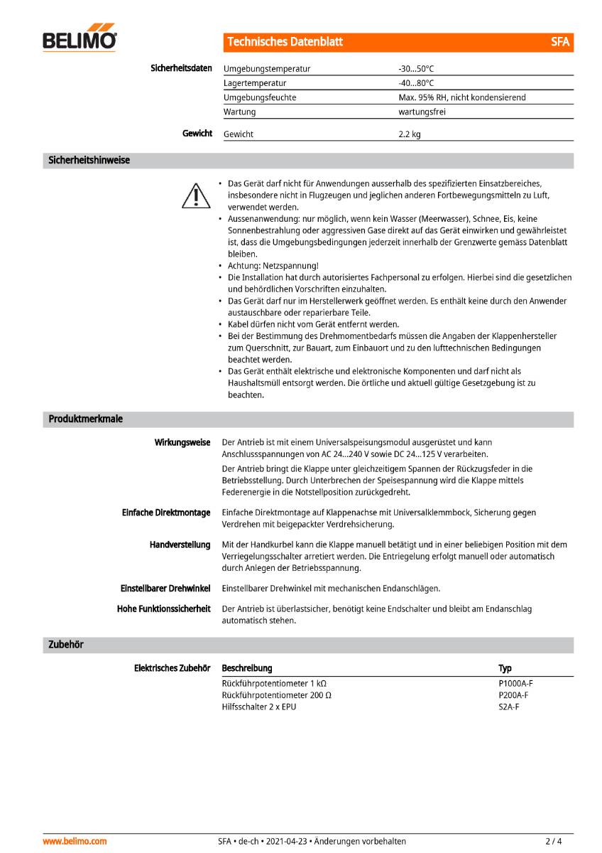 Belimo - Klappenstellantrieb SFA Federrücklaufantrieb