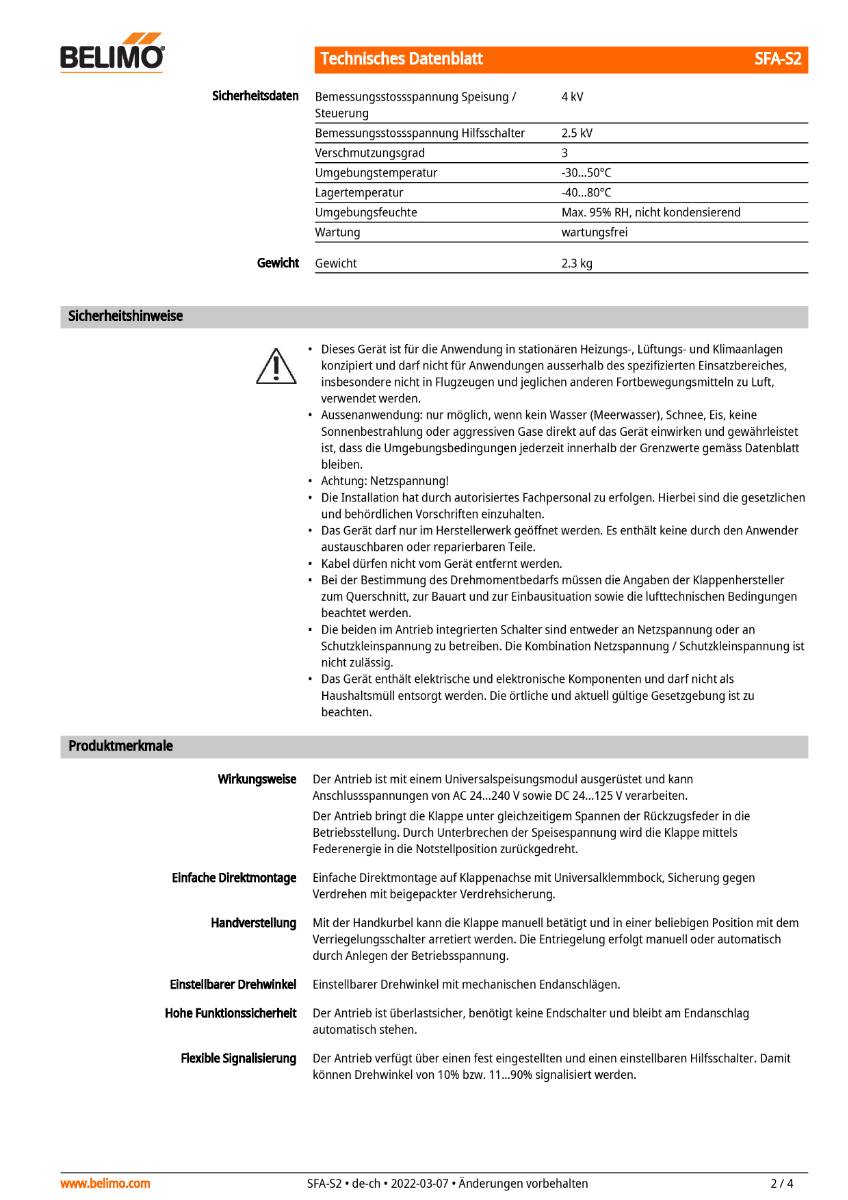 Belimo - Klappenstellantrieb SFA-S2 Federrücklaufantrieb