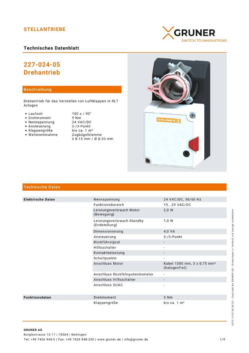 Gruner Stellantrieb Typ 227-024-05 ( 24V - 5 Nm - Ansteuerung 2/3 Punkt)