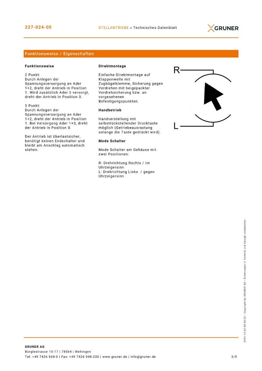 Gruner Stellantrieb Typ 227-024-05 ( 24V - 5 Nm - Ansteuerung 2/3 Punkt)