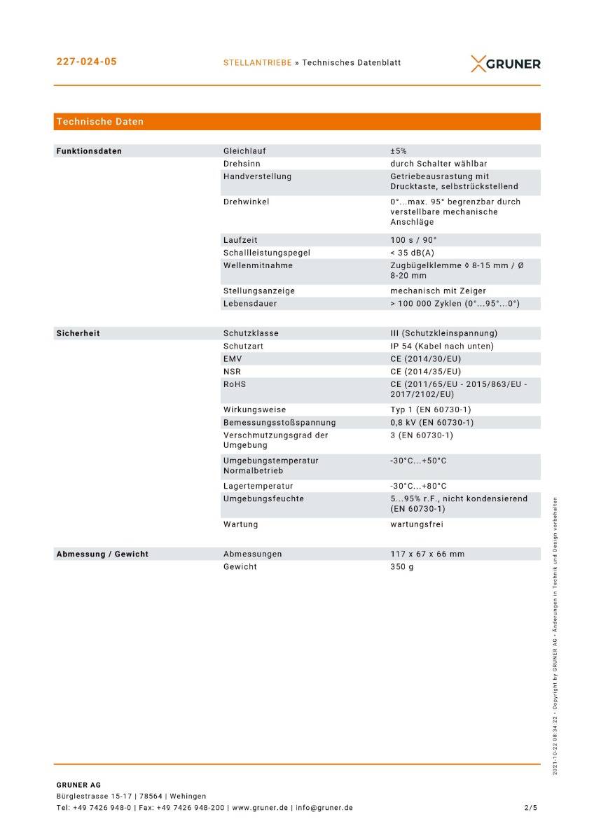 Gruner Stellantrieb Typ 227-024-05 ( 24V - 5 Nm - Ansteuerung 2/3 Punkt)