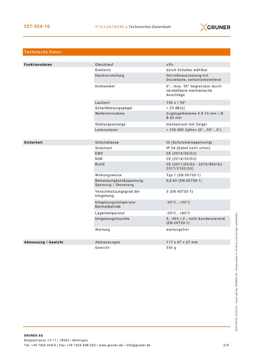 Gruner Stellantrieb Typ 227-024-10 ( 24V - 10 Nm - Ansteuerung 2/3 Punkt)
