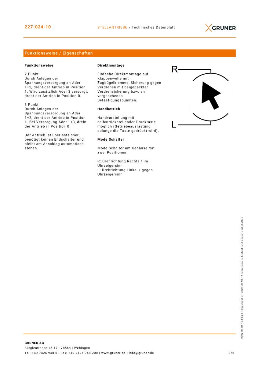 Gruner Stellantrieb Typ 227-024-10 ( 24V - 10 Nm - Ansteuerung 2/3 Punkt)